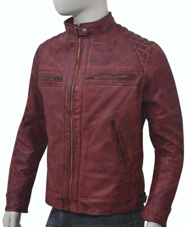 Men's Cafe Racer Distressed Maroon Leather Jacket Right Side