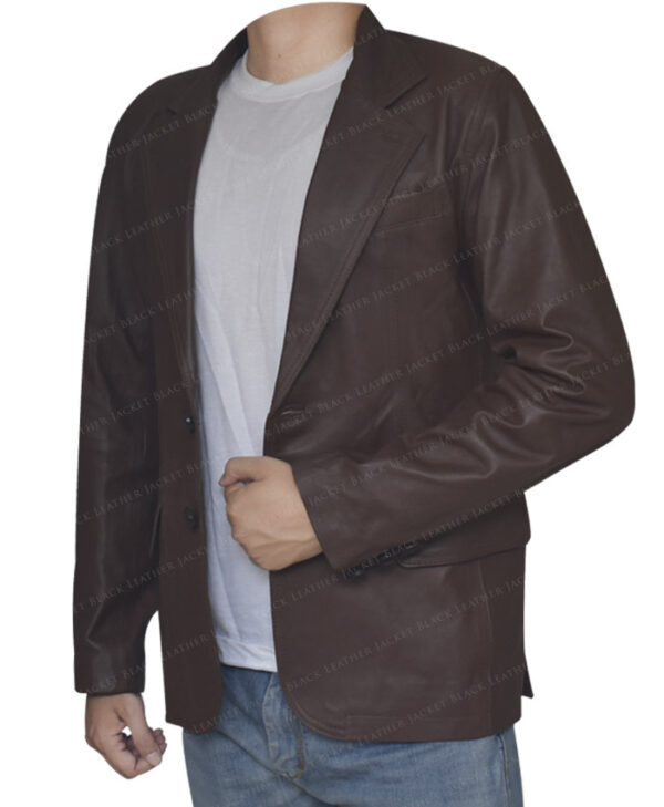 Sheepskin Leather Brown Blazer Coat Left Side