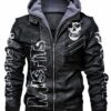 Skull Printed Misfits Hooded Leather Varsity Jacket Front