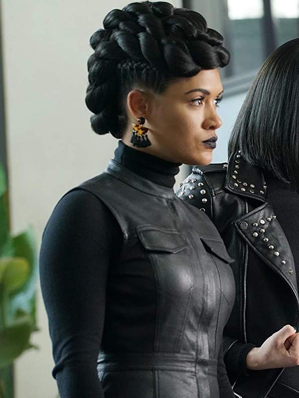 The Gifted Reeva Payge Sleeveless Black Leather Coat Side