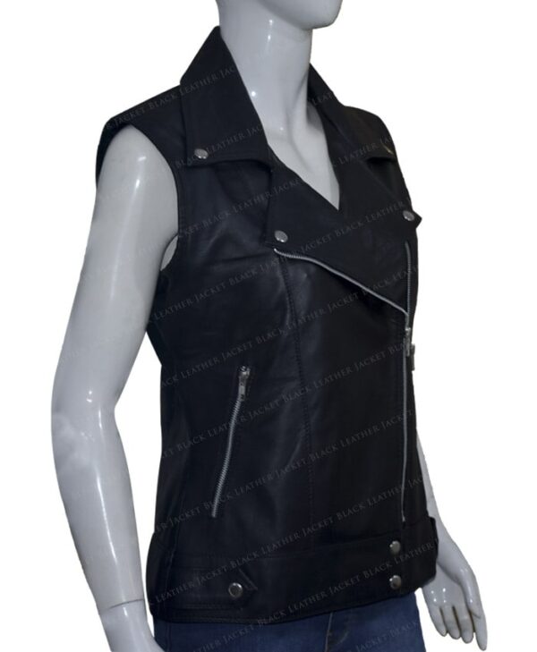Women Slim Fit Black Real Leather Biker Vest Left