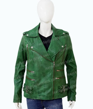 Womens Biker Green Lambskin Leather Jacket Front