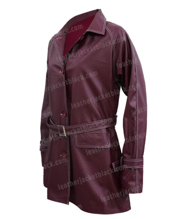 Only Murders in the Building Mabel Mora Maroon Leather Coat Left