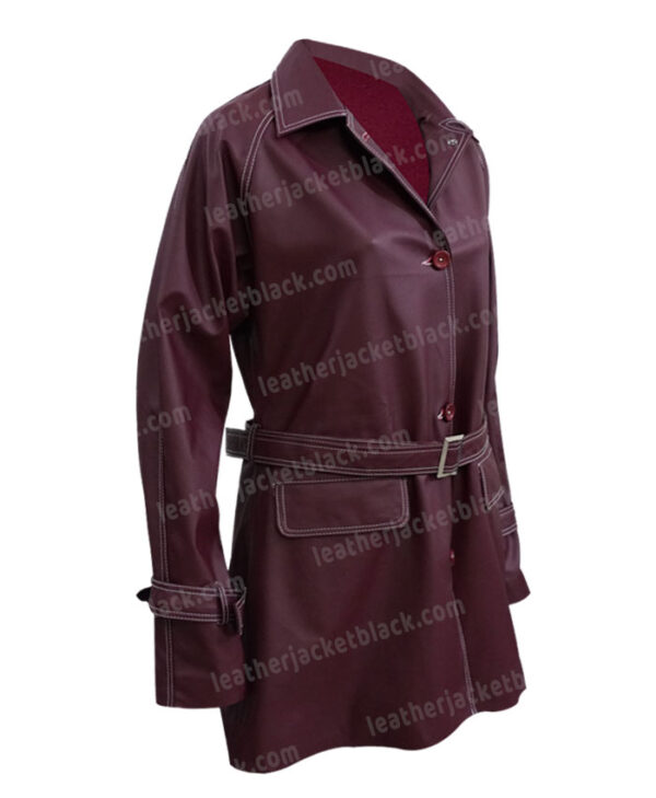 Only Murders in the Building Mabel Mora Maroon Leather Coat Right