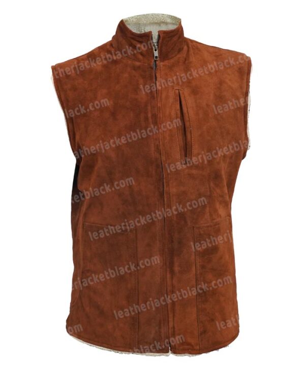 The Eternals Salma Hayek Suede Leather Brown Shearling Vest Front