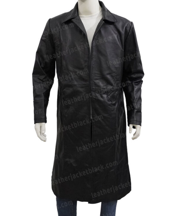 The Matrix Keanu Reeves Black Leather Duster Coat Front
