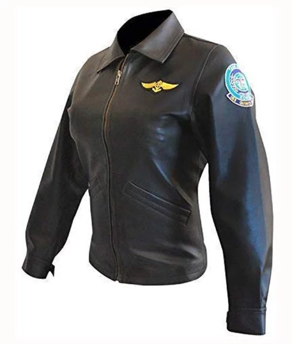 Top Gun Pilot Kelly McGillis Black Slim Fit Leather Jacket Side