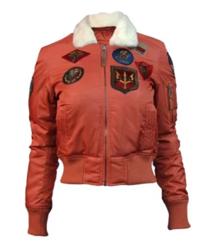 Women Top Gun B-15 Fur Collar Orange Satin Bomber Jacket
