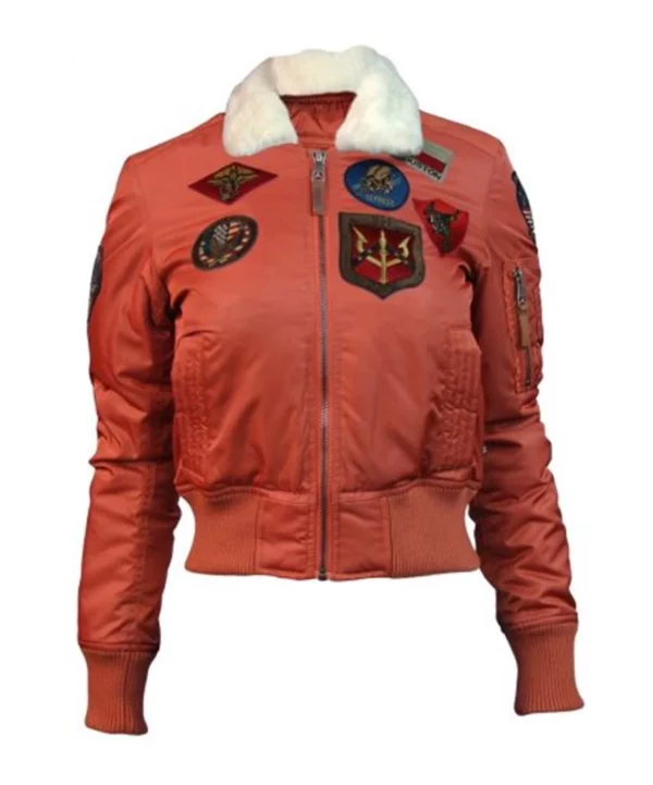 Women Top Gun B-15 Fur Collar Orange Satin Bomber Jacket