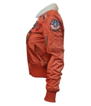 Women Top Gun B-15 Fur Collar Orange Satin Bomber Jacket Side