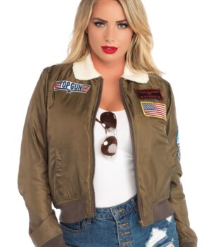 Womens Top Gun Brown Satin Bomber Jacket With Patches