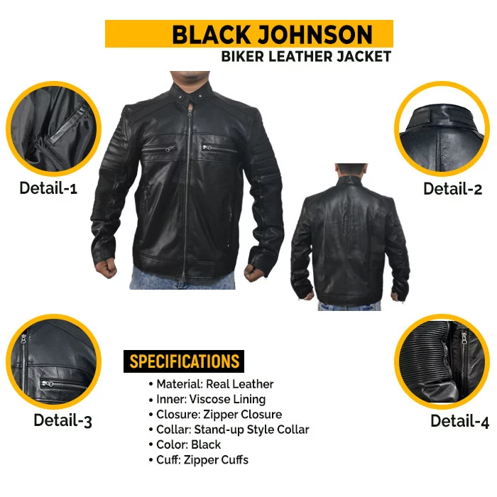 Johnson Black Real Leather Stylish Men Jacket