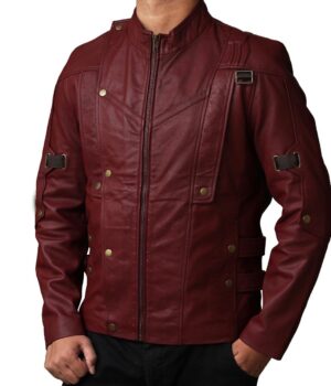 Guardians of the Galaxy 2 Star‑Lord Maroon Leather Jacket Front
