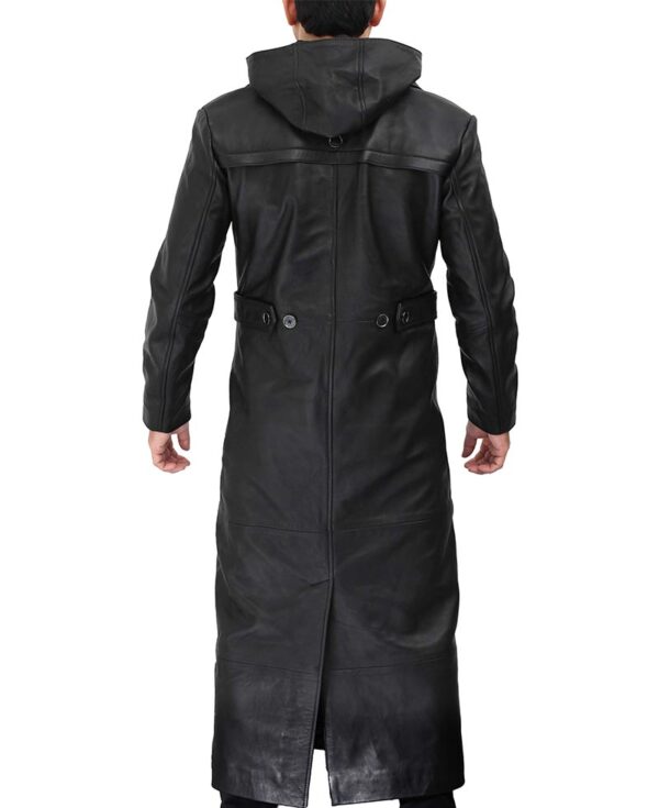 Mens Leather Black Long Trench Coat with Hood Back