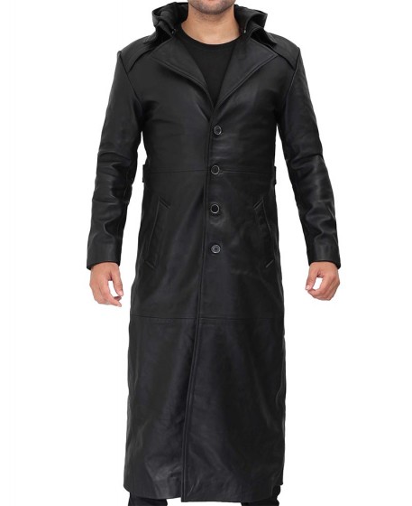 Mens Leather Black Long Trench Coat with Hood Front