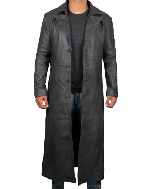 Mens Leather Black Winter Long Trench Coat 