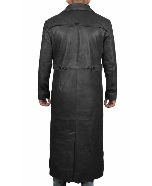 Mens Leather Black Winter Long Trench Coat Back