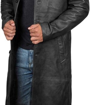 Mens Leather Black Winter Long Trench Coat Side