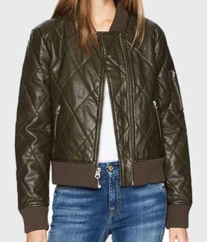 The 100 S06 Raven Reyes Green Leather Bomber Jacket Front