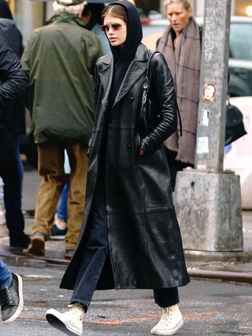 The Matrix Kaia Gerber Black Leather Trench Coat