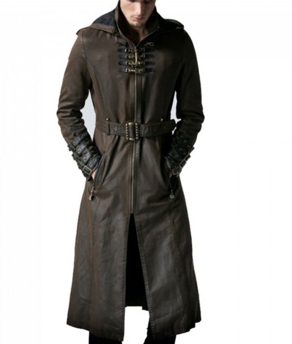 Wasteland Steampunk Brown Leather Trench Coat Front