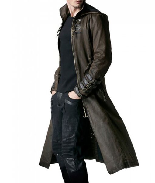 Wasteland Steampunk Brown Leather Trench Coat Side