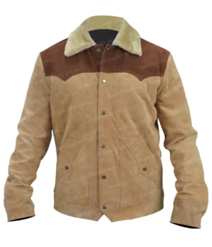 Yellowstone S03 John Dutton Beige and Brown Leather Jacket Front Image Closed