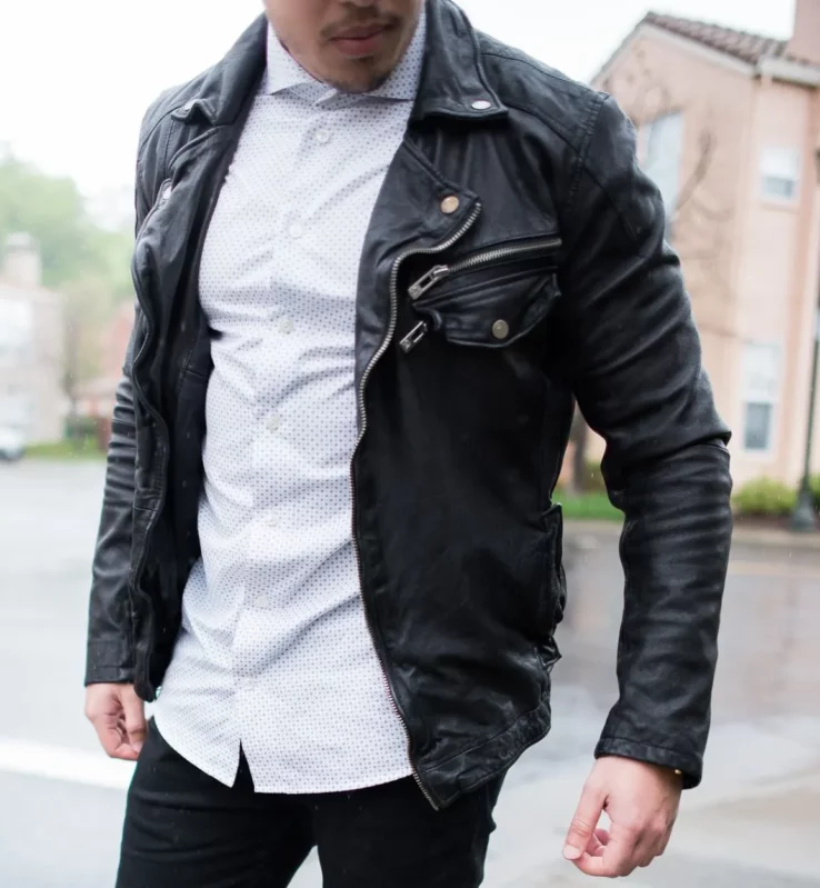 white shirt with leather jacket
