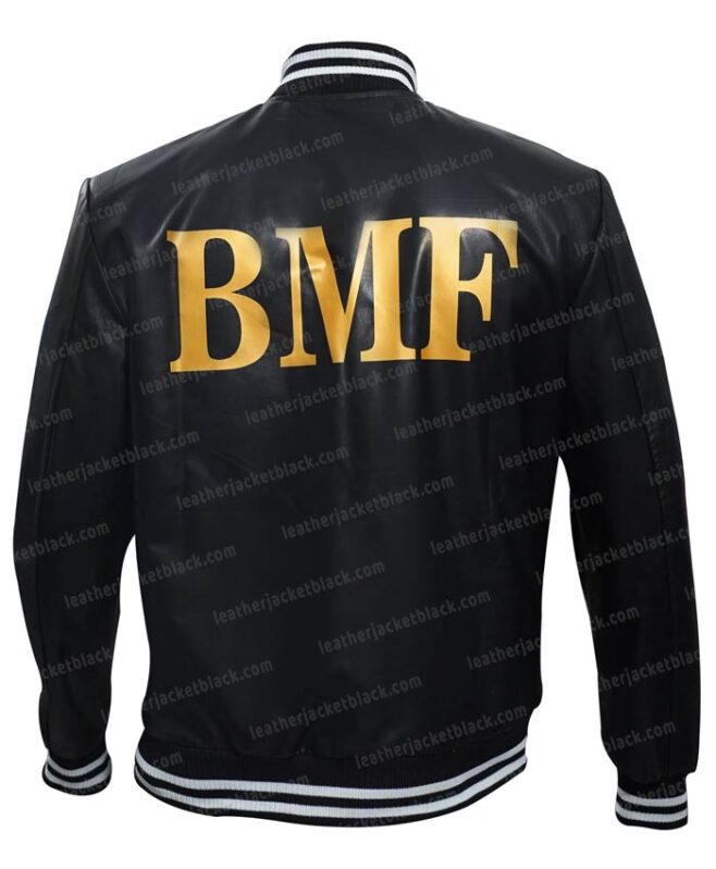 Black Mafia Family BMF Varsity Black Bomber Leather Jacket Back