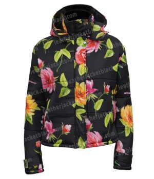 Emily In Paris Lily Collins Black Puffer Hooded Floral Jacket Front