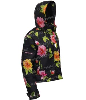 Emily In Paris Lily Collins Black Puffer Hooded Floral Jacket Side
