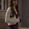 Emily In Paris Lily Collins White & Pink-Blue Contrast Cardigan Side