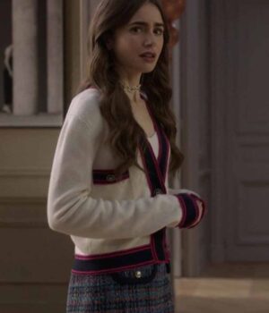 Emily In Paris Lily Collins White & Pink-Blue Contrast Cardigan Side