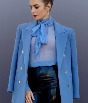Emily in Paris Lily Collins Blue Double Breasted Wool Coat
