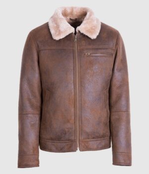 Mens Aviator Brown Shearling Sheepskin Leather Winter Jacket