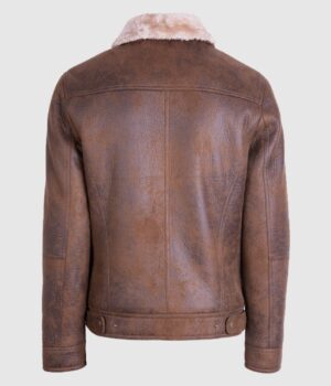 Mens Aviator Brown Shearling Sheepskin Leather Winter Jacket Back