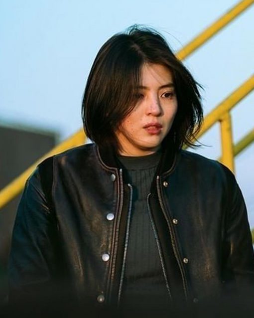 My Name Ji-u Yun Black Bomber Leather Jacket 2