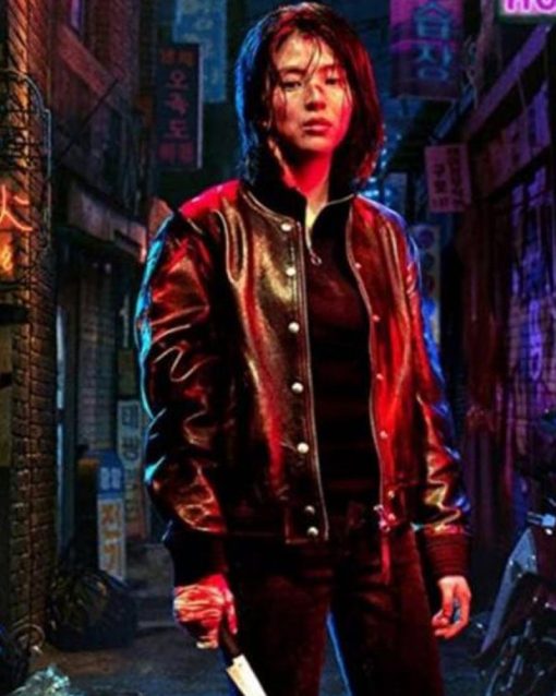 My Name Ji-u Yun Black Bomber Leather Jacket