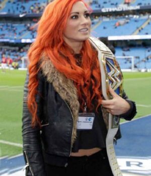 WWE Wrestler Becky Lynch Black Leather Fur Collar Jacket Side