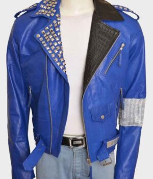 WWE Wrestler Brian Kendrick Blue Studded Biker Leather Jacket Front