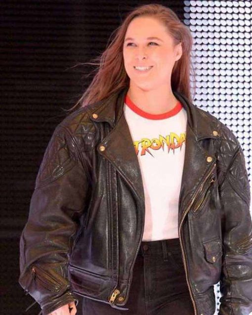 WWE Wrestler Ronda Rousey Black Quilted Biker Jacket