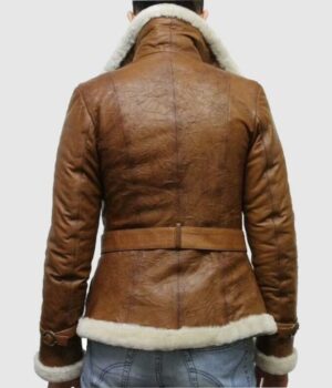 Women Aviator Lambskin Leather Brown Shearling Jacket Back