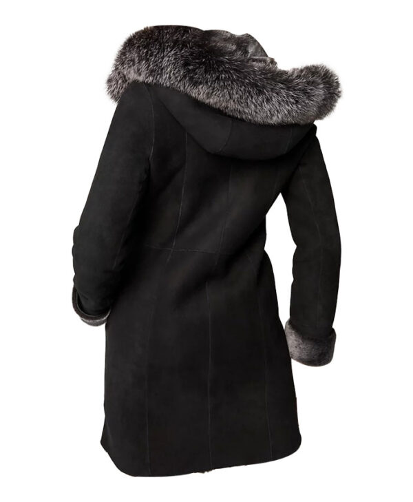 Women Black Shearling Fur Sheepskin Leather Hooded Coat Back