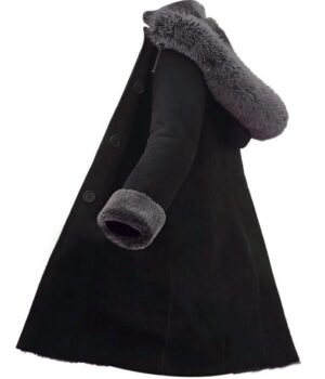 Women Black Shearling Fur Sheepskin Leather Hooded Coat Side