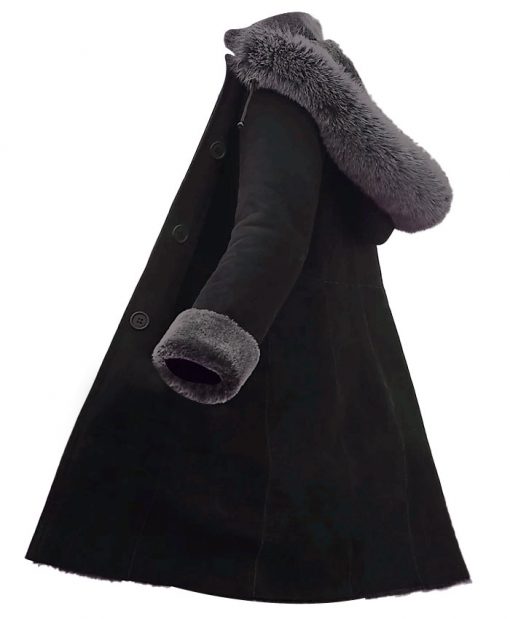 Women Black Shearling Fur Sheepskin Leather Hooded Coat Side