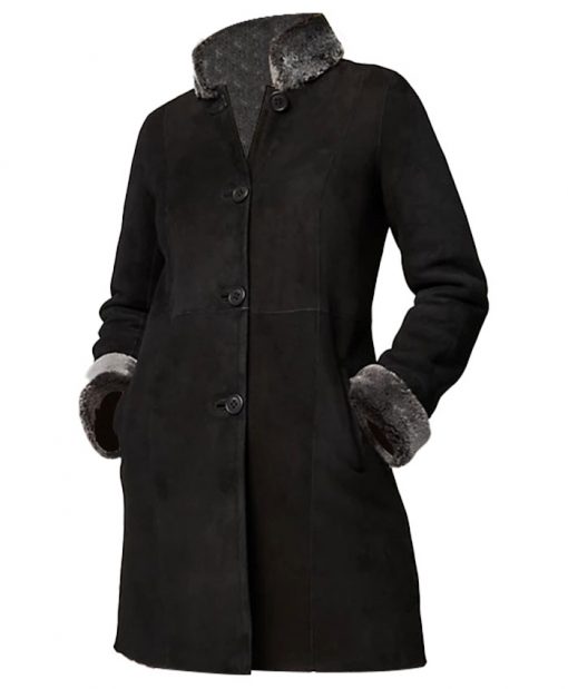 Women Black Shearling Fur Sheepskin Leather Hooded Coat