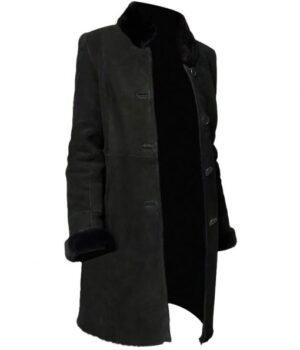 Women Black Sheepskin Shearling Fur Long Winter Coat Side