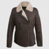Womens Aviator Fur Collar Leather Sheepskin Brown Coat