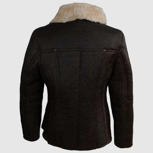 Womens Aviator Fur Collar Leather Sheepskin Brown Coat Back