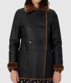 Womens Black Aviator Sheepskin Leather Shearling Fur Winter Coat